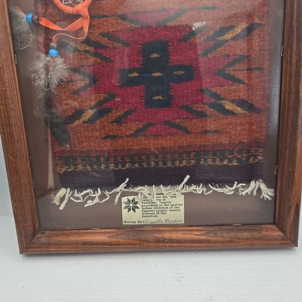 Native Indian Zapotec Oaxaca Fringed‎ Mini Wool Rug Framed